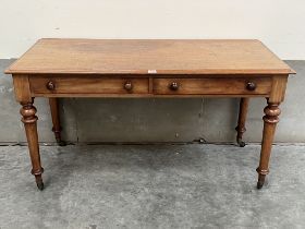 A Victorian mahogany side table on turned tapered legs. 54' wide