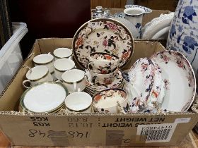 A box of Royal Albert Elgin and Masons Mandalay pattern ceramics with a Royal Staffordshire