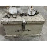 A painted pine carpenter's box, two automotive spotlamps etc.