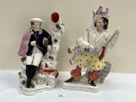 A 19th century Staffordshire figural spill vase (losses) 13" high and a Staffordshire figure of Will