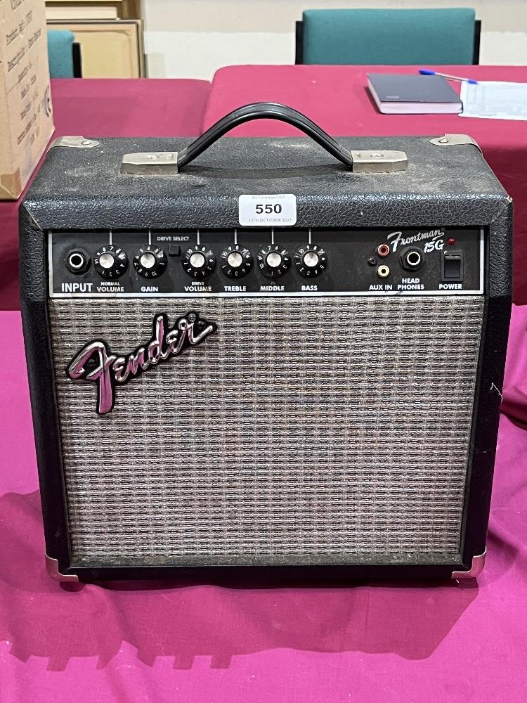 A Fender Frontman 15G guitar practice amplifier.