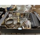 A box of brassware and plate.