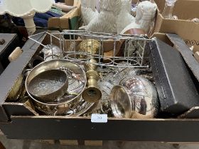 A box of brassware and plate.