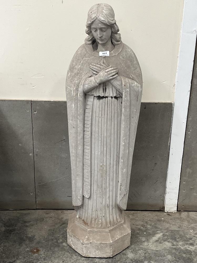 A stone statuary figure of the Madonna. 43" high.