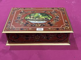 A foliate decorated polychrome box painted with a barge. 16" wide.