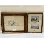 Two Baxter prints in a single frame and a pencil study of a lion.