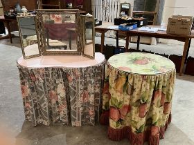 A Laura Ashley dresing table with triptych mirror, together with a centre table hung with curtain