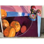 CONTEMPORARY SCHOOL. Still life of fruit and cockerel. Acrylic on canvas 40½" x 48".