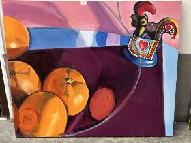 CONTEMPORARY SCHOOL. Still life of fruit and cockerel. Acrylic on canvas 40½" x 48".