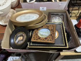 A box of small pictures to include a Tunbridge ware miniature frame
