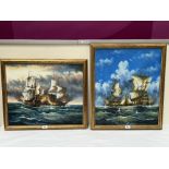 CONTEMPORARY SCHOOL. Two seascapes with galleons in action. Signed Ambrose. Acrylic on canvas 25"