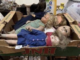 A box of dolls to include a wax headed example (A.F.).