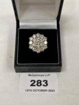 A nineteen stone diamond cluster ring. In white gold marked 18ct. Diameter of setting 19mm, the