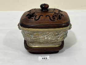 A Chinese gilt bronze censer with wood cover, on stand. Character marks to base. 7½" wide.