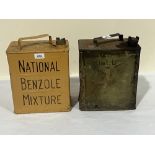 Two vintage petrol cans - Shell Aviation Spirit and National Benzole Mixture