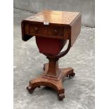 A George IV burr oak drop leaf work table with one real drawer and blind drawer, over a sliding