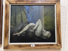 ENGLISH SCHOOL. CONTEMPORARY. A reclining nude. Oil on board 17½" x 20½".