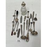 A silver mounted cut glass scent bottle, plated spoons etc.