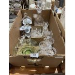 A box of glassware with aventurine baskets etc.