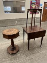 A Victorian mahogany octagonal work table; a George IV mahogany Pembroke table and mahogany lamp