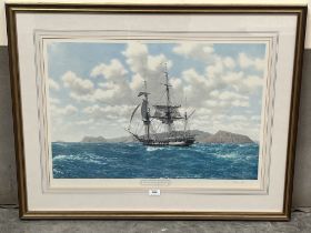 A signed print after John Chancellor, H. M. S. Beagle In The Galapagos. 20" x 30".