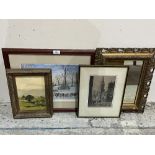 A gilt framed mirror; an oil on board by Frank Porter; a framed engraving and a signed print.