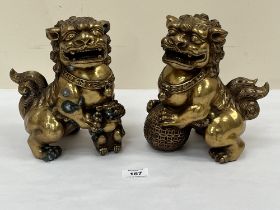 A pair of oriental gilt metal dogs of Fo. 8¼" high.