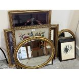 Two gilt framed oval mirrors, a gilt framed embroidery and various prints.