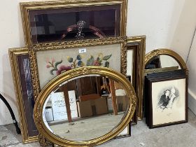 Two gilt framed oval mirrors, a gilt framed embroidery and various prints.