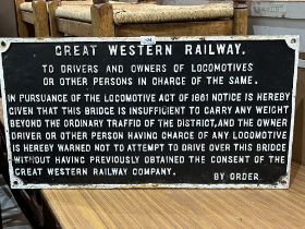 A Great Western Railway cast iron sign to warn drivers of a weak bridge. 16" x 30½".