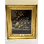 OLIVER CLARE. BRITISH 1853-1927. A still life of fruit on a window ledge. Signed. Oil on board. 10½"