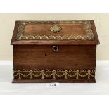 A Victorian stationary box with applied brass decoration and moire silk lined interior. 9½" wide.
