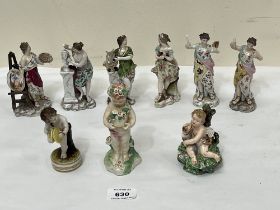 Six Volkstedt porcelain figures emblematic of the arts, 5" high and three other small figures.