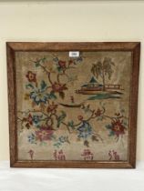 A 19th century needlework of a Chinese garden scene. 18" x 18".