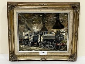 DERRICK WAIN. BRITISH 20TH CENTURY. An engine shed with tank engines. Signed. Oil on board 8" x