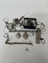 A collection of silver and white metal jewellery.