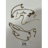 Four yellow metal necklet chains. Unmarked.