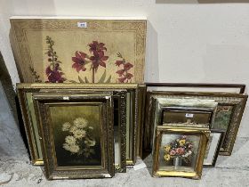 A collection of pictures with a gilt framed mirror