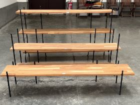 Three sets of oak and metal display shelving. 67" wide.