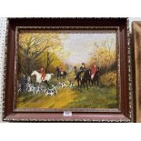 W.R. GREEN. 20TH CENTURY NAIVE SCHOOL. Huntsmen and hounds. Signed. Oil on canvas. 16" x 20".