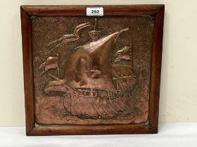 An Arts and Crafts Newlyn style copper relief plaque depicting a galleon. 11" x 11¼".