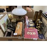 Two boxes of metalware and sundries.