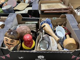 A box of sundries and a glazed earthenware bowl