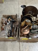 Two boxes of metalware and sundries.