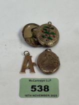 A 9ct 'A' pendant, 2g and two lockets. (A.F.)