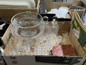 A glass cut fruit bowl, two decanters and miscellaneous drinking glasses