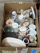 Two boxes of ceramics, plate and sundries.