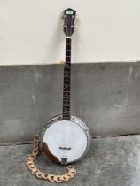 A five stringed banjo.