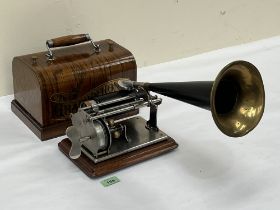 A Graphophone model Q wax cylinder gramophone, the single spring motor with three ball govenor, a