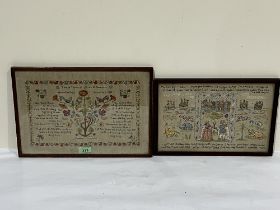 Two early 20th century needlework samplers, the larger 10" x 15" commemorating Armistice Day 1918.